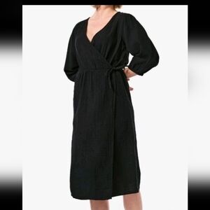 Hema Elegant Cotton Black Textured Fabric Wrap Midi  Dress With Pockets Size L